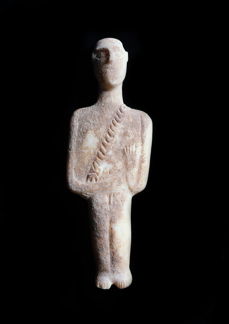 Mannelijk idool, schematische figuur. Witte marmeren sculptuur met oker inleg, 3200-2000 v.Chr. door Cycladic Cycladic