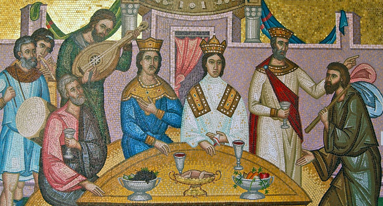 Het koninklijk huwelijk van Alexios I Komnenos en Irene Doukaina, Kykkos-klooster, Troodos-gebergte, Cyprus (mozaïek) door Cypriot