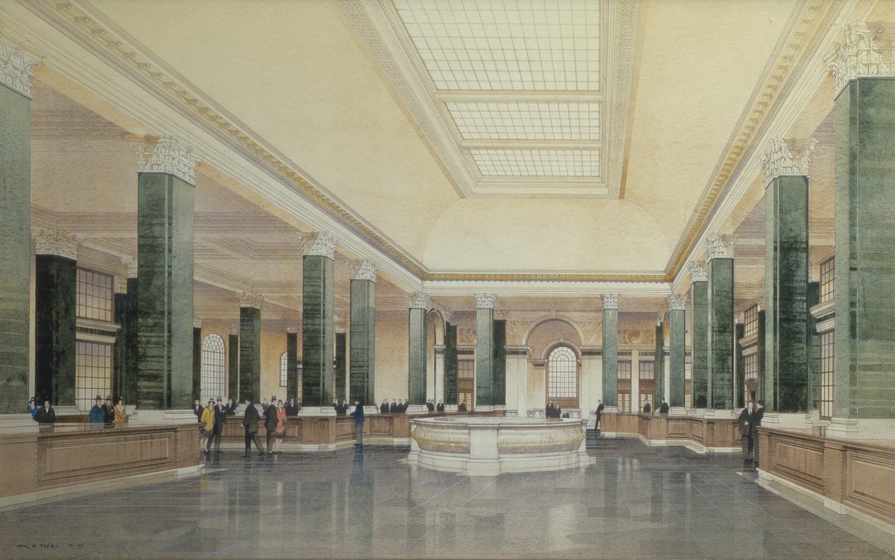 Interieur begane grond Midland Bank, Londen door Cyril Farey