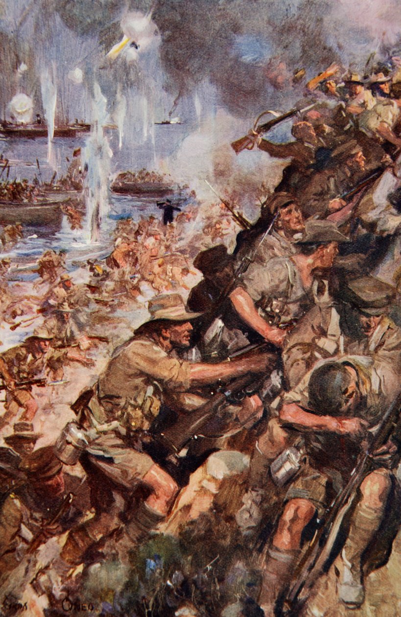 Te midden van schoten en granaten bereikten we het smalle strand, landing bij Gallipoli, illustratie uit 