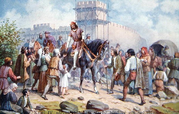Karel IV begroet gewone mensen tijdens zijn uitbreiding van de vestingwerken van Praag in 1361, ansichtkaart uit het begin van de twintigste eeuw door Czech School