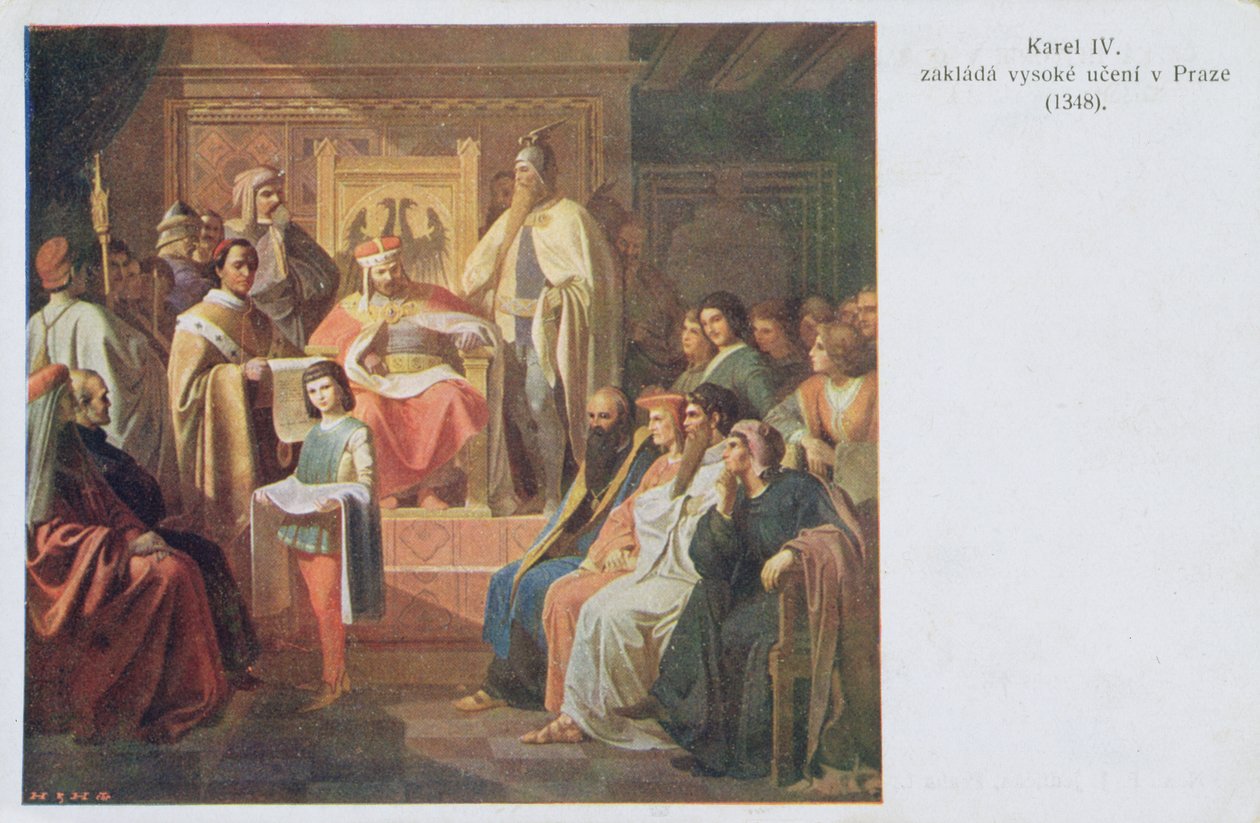 Oprichting van de Duitse Universiteit in Praag door Karel IV in 1348, vroege twintigste eeuw ansichtkaart door Czech School