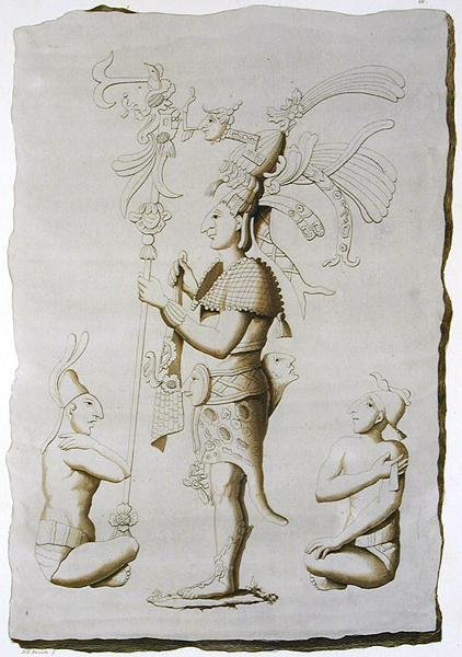 Een koning, sculptuur uit het Paleis, Palenque, Chiapas, Mexico door D.K. (after) Bonatti