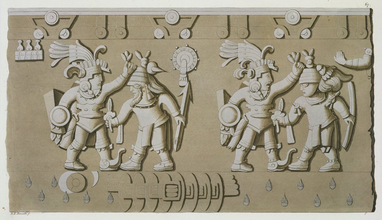 Bas-Relief van Oude Azteekse Krijgers, van de Steen van Tizoc die een Heerser Herdenkt die zijn Gevangenen bij het Hoofd Vasthoudt door D.K. Bonatti