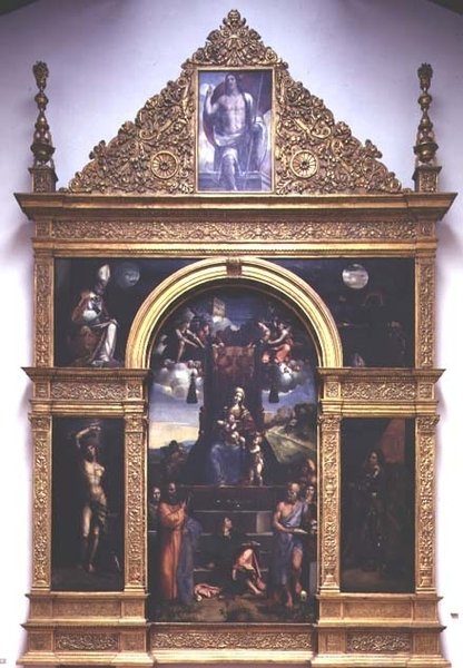 Maagd en Kind op de troon met Heiligen door D. and Garofalo Dossi