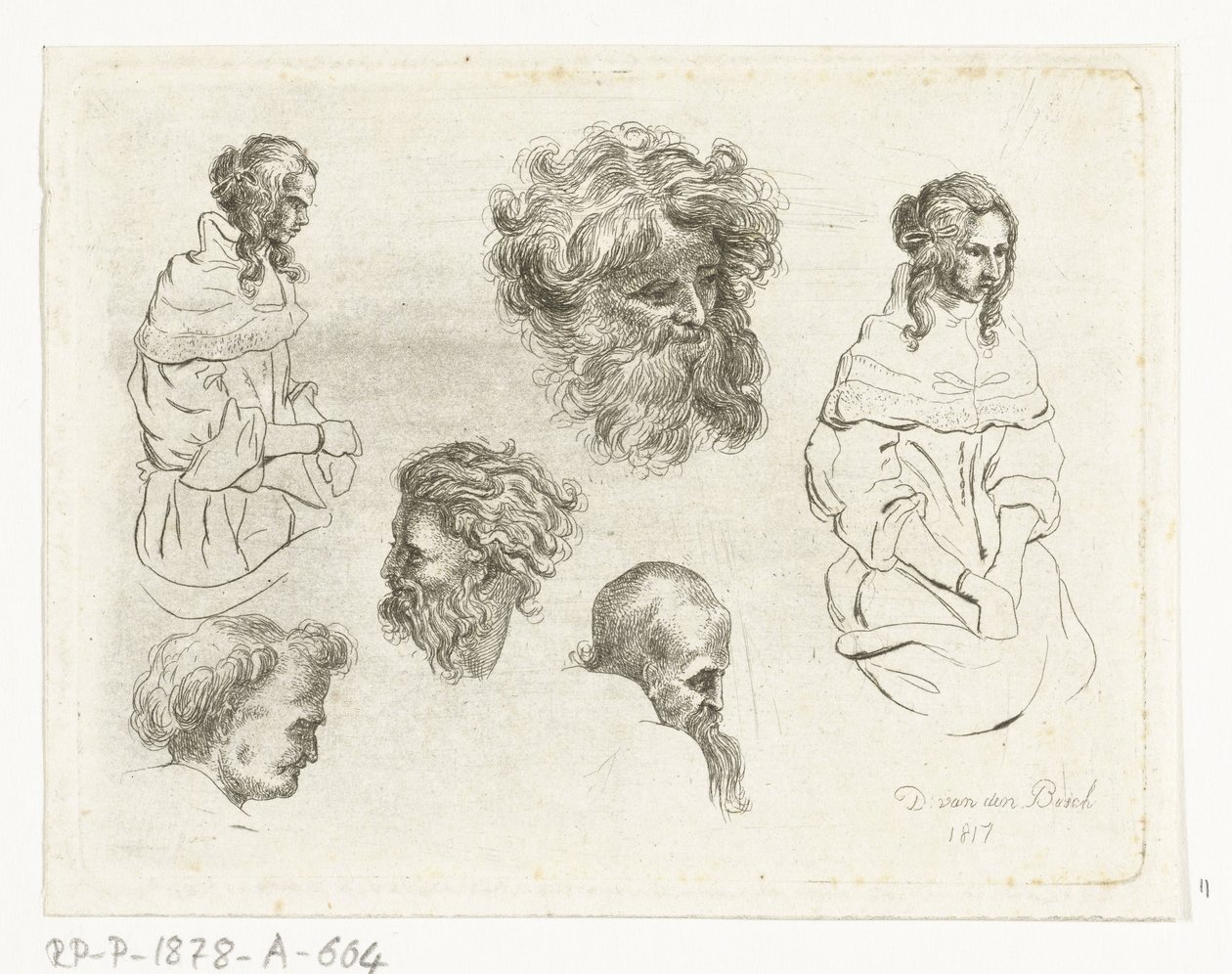 Studieblad met hoofden en vrouwenlichamen door D. van den Bosch