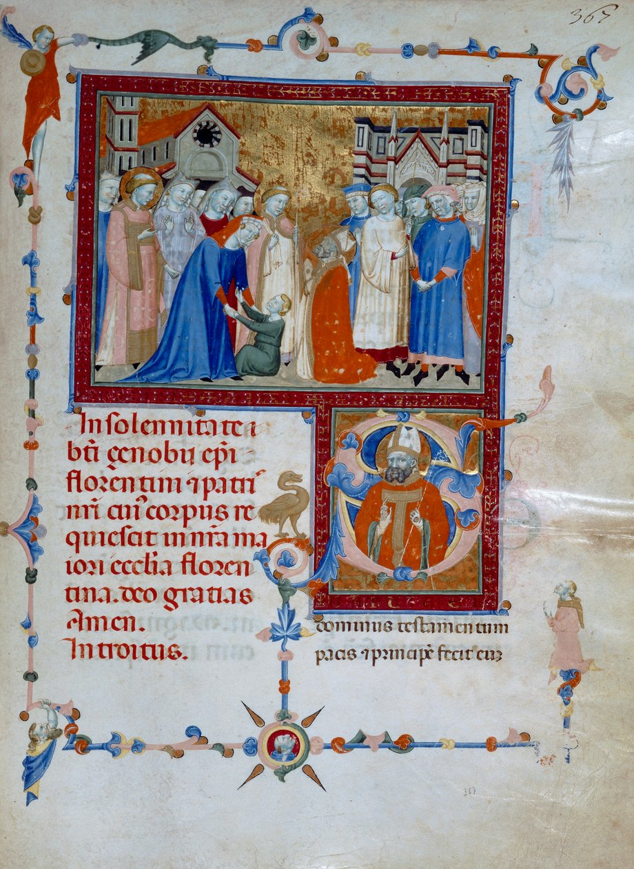 San Zanobi wekt een jongen op uit de dood (Codice Edili 107, c. 367), voor een Romeins Missaal door Daddesco Maestro