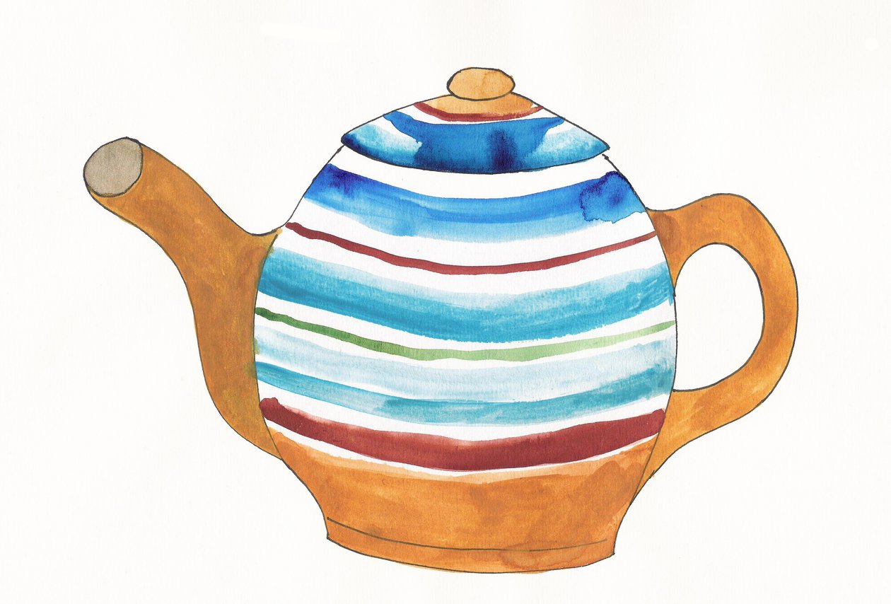 Theepot, 2017 (bruine, blauwe, rode en groene india-inkt op papier) door Daisy de Villeneuve