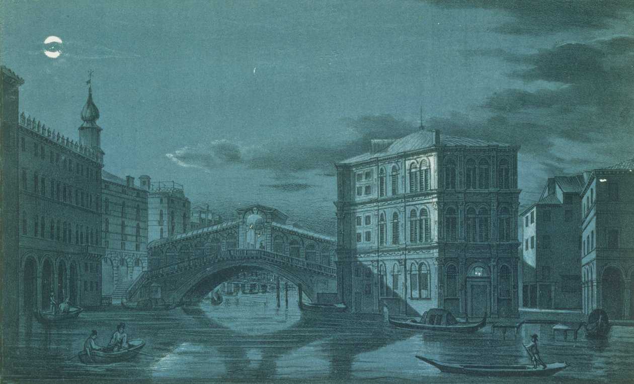 Nachtelijke Scène van de Ponte di Rialto, Venetië, gegraveerd door Brizeghel door Dalda