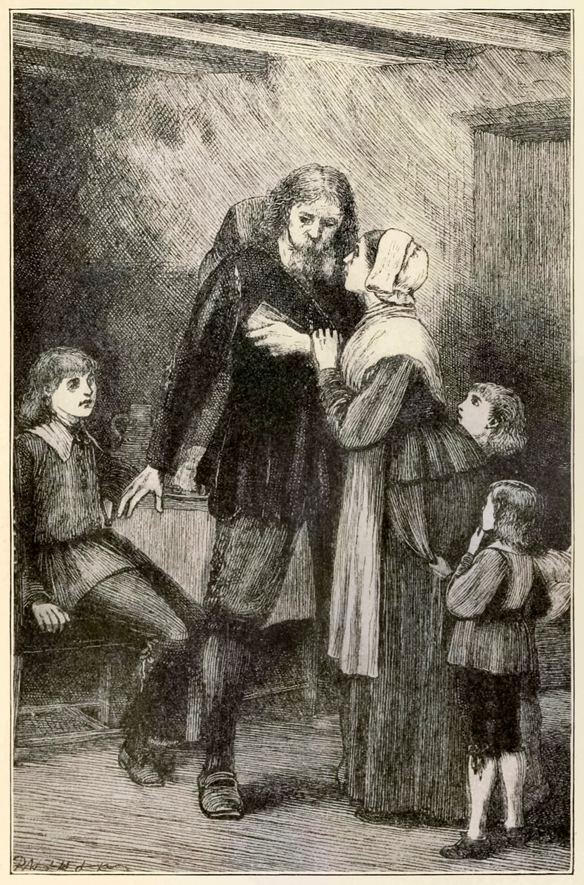 Christian vertrouwt zijn vrouw uit De Pelgrimsreis Van Deze Wereld, Naar Die Welke Komt door John Bunyan (1628-1688) illustratie door Thomas Dalziel (1823-1906) door Dalziel Brothers