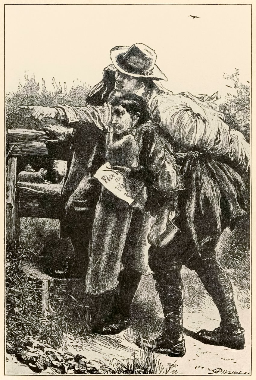 Evangelist wijst de weg uit De Pelgrimsreis Van Deze Wereld, Naar Die Welke Komt door John Bunyan (1628-1688) illustratie door Thomas Dalziel (1823-1906) door Dalziel Brothers