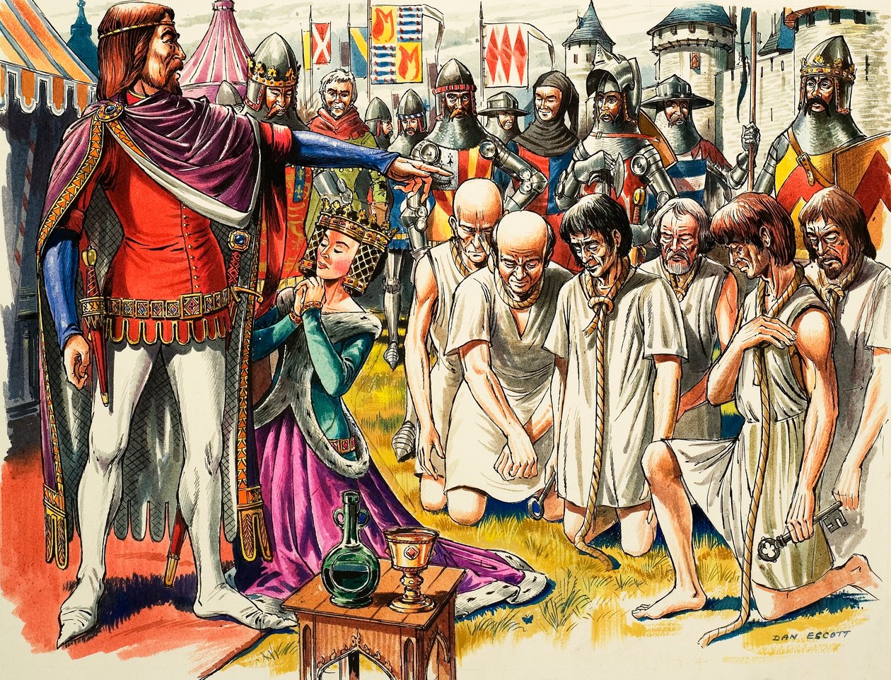 Burgers van Calais en koning Edward III van Engeland in 1347 (gouache op papier) door Dan Escott