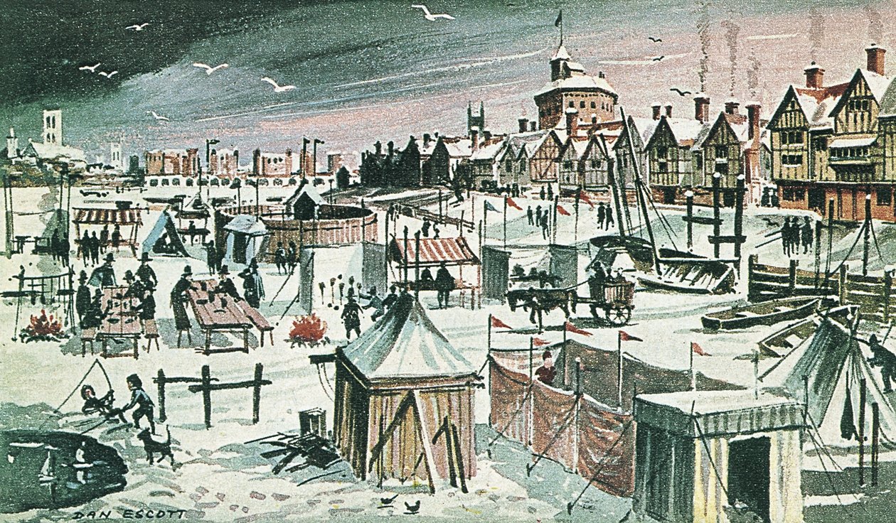 Vorst-kermis op de Theems (kleurenlitho) door Dan Escott