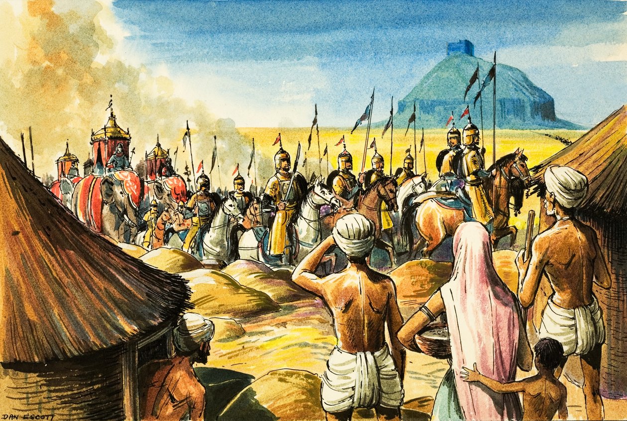 Indiase oorspronkelijke bewoners kijken toe hoe een stoet olifanten en soldaten een fort nadert (gouache op papier) door Dan Escott