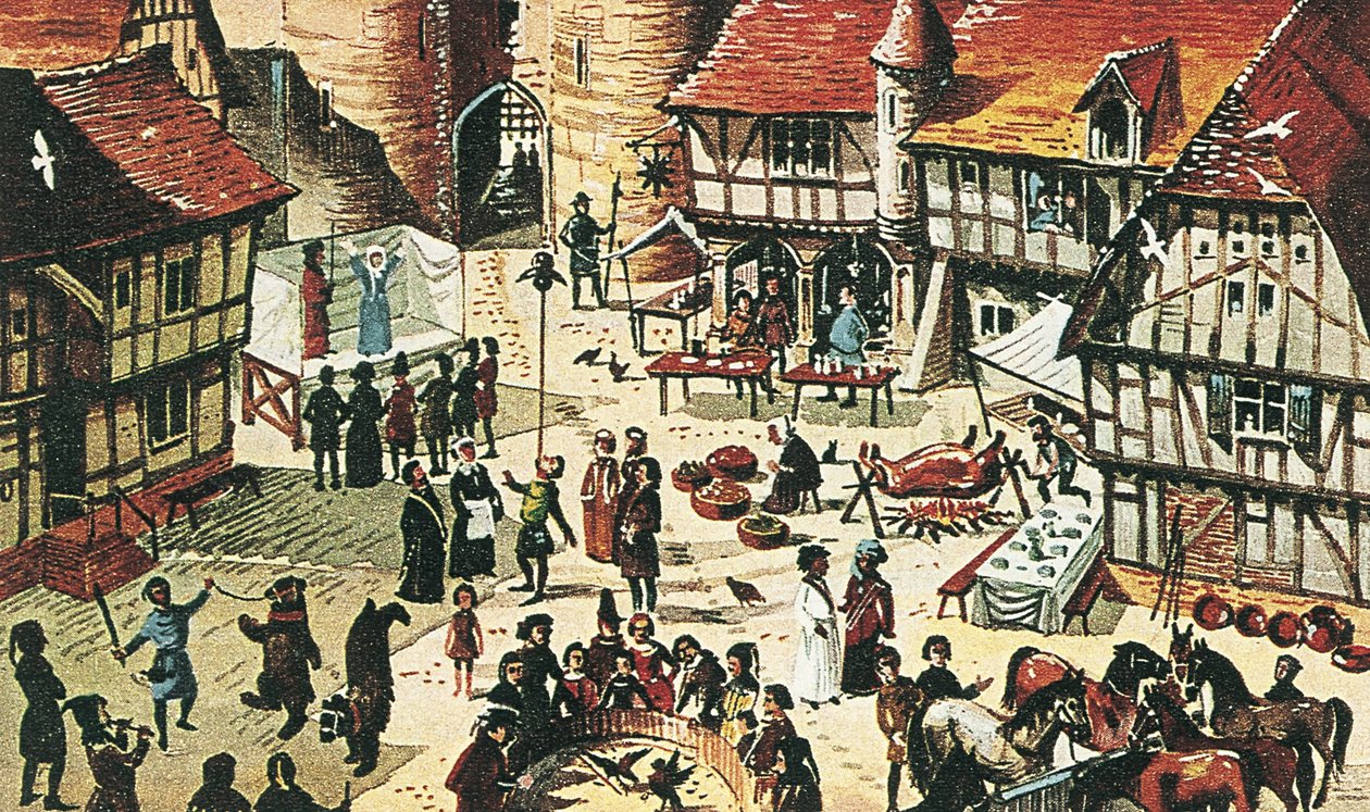 Middeleeuwse kermis (kleurenlitho) door Dan Escott