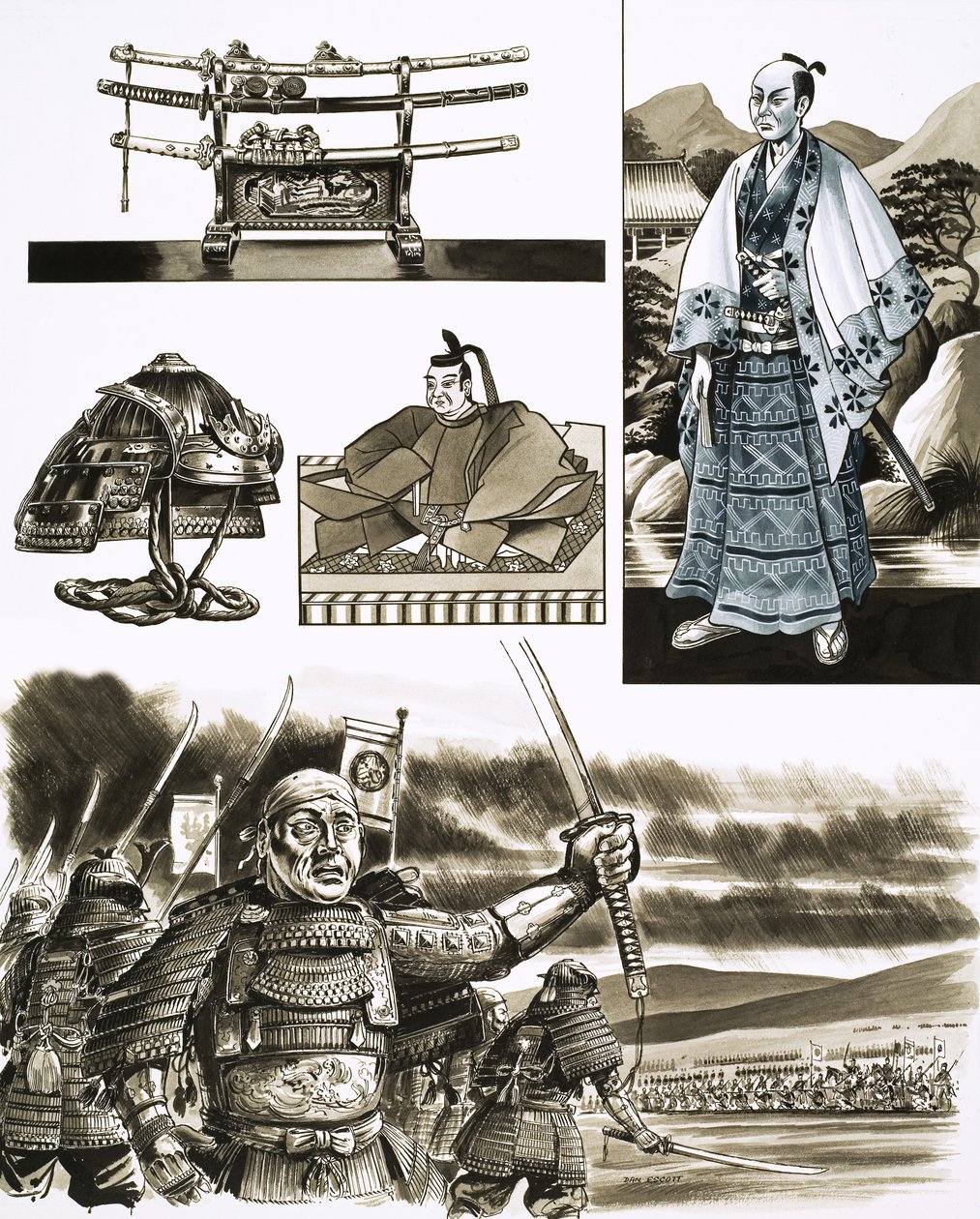 De handel van de samoerai is roven en geweld (gouache op papier) door Dan Escott