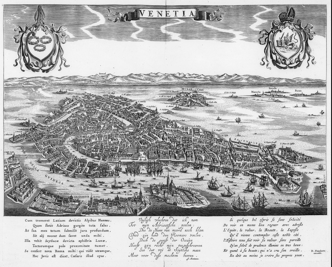 Plan van Venetië met drie teksten in het Latijn, Nederlands en Frans door Dancker Danckerts