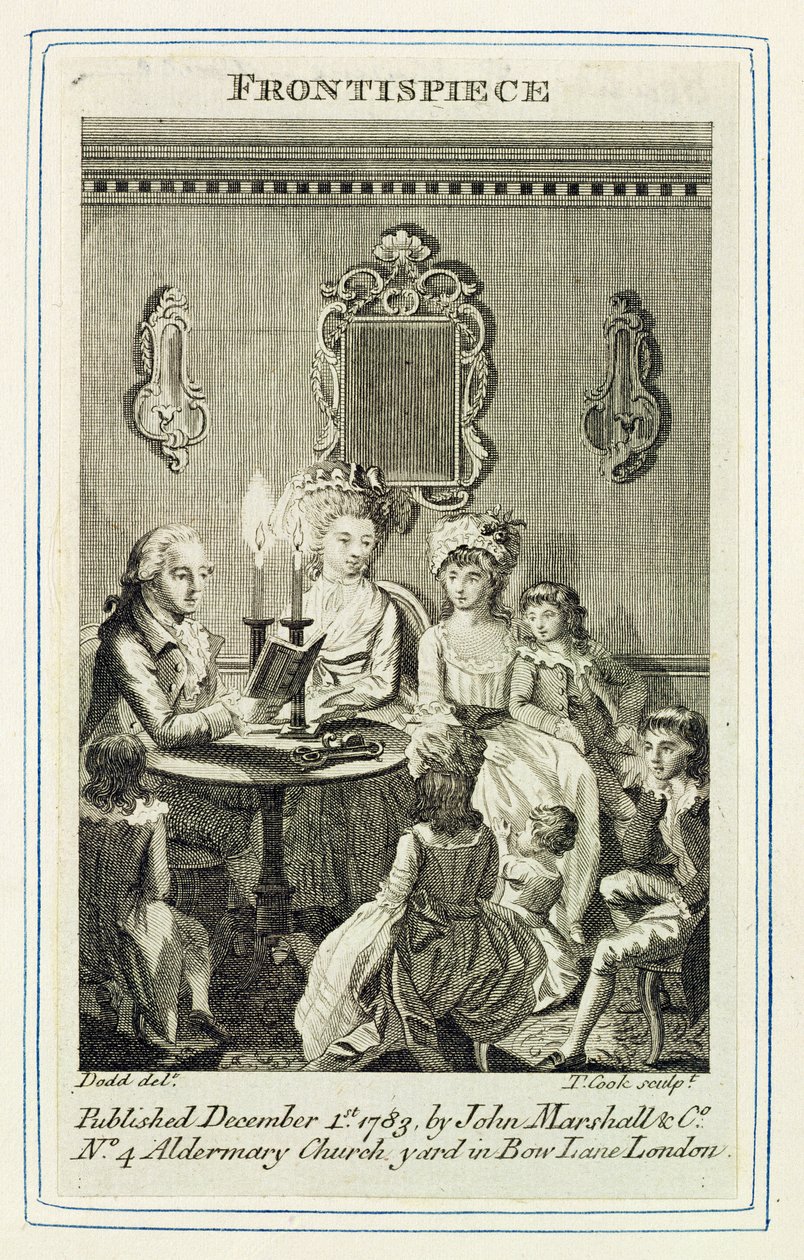 Een Vader Leest voor aan zijn Familie bij Kaarslicht, gegraveerd door Thomas Cook, frontispice van een boek gepubliceerd door John Marshall en Co., 1783 door Daniel Dodd