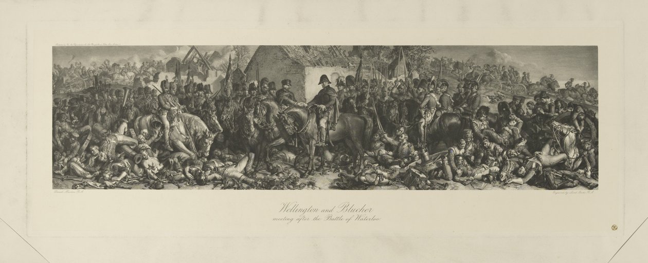 Wellington en Blücher ontmoeten elkaar na de Slag bij Waterloo, 1815, gravure door Lumb Stocks (1812-92) door Daniel Maclise