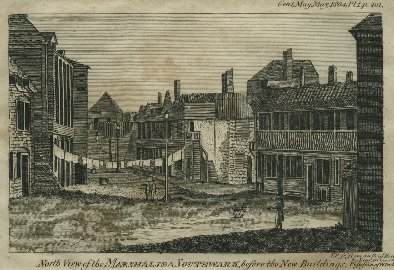 Noordaanzicht van de Marshalsea, Southwark, voor de Nieuwe Gebouwen, gegraveerd door T.P., ca. 1804 door Daniel Orme