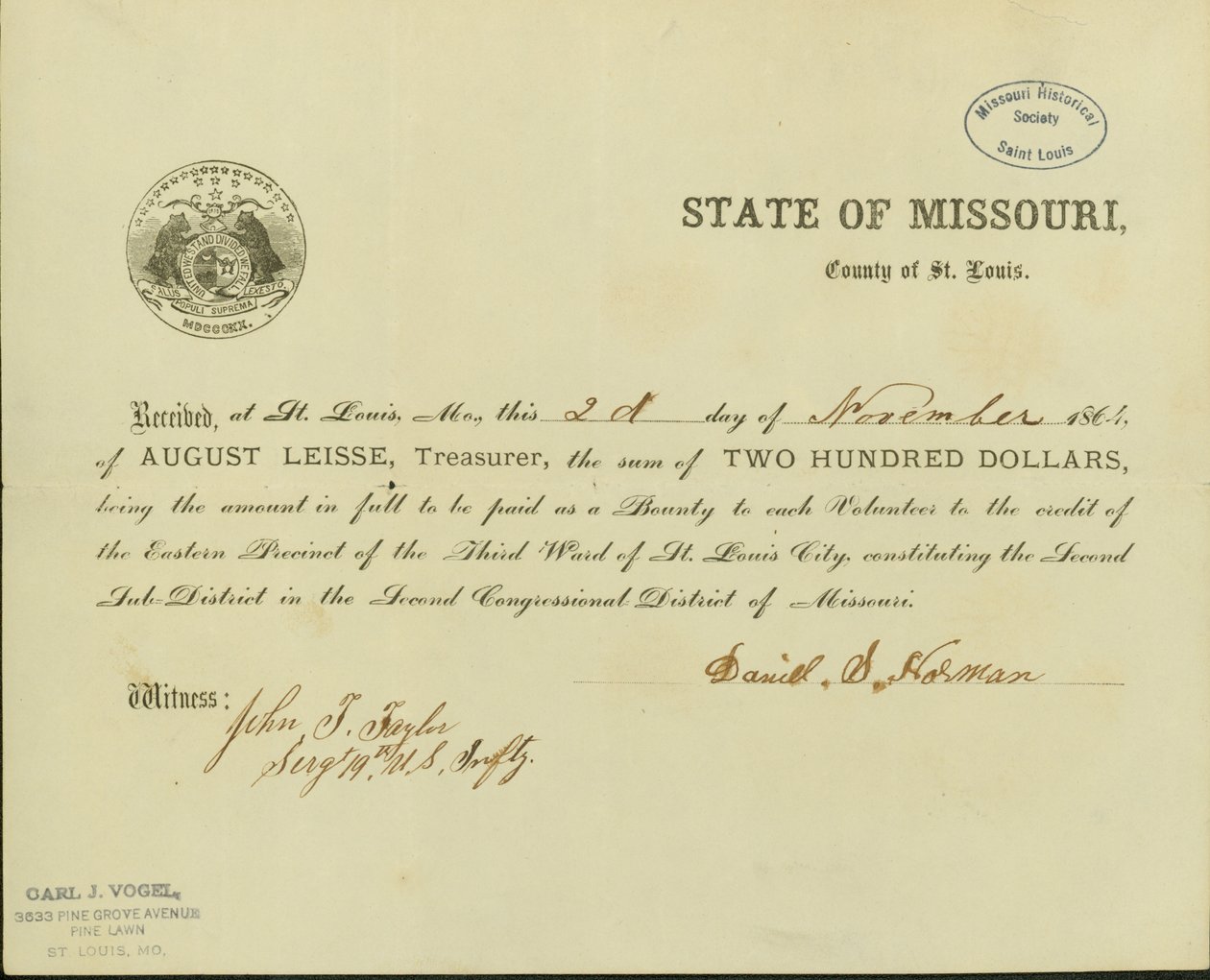 Verklaring dat Daniel S. Horman van August Leisse, de penningmeester van de staat Missouri, County of St. Louis, tweehonderd dollar als premie heeft ontvangen door Daniel S. Horman