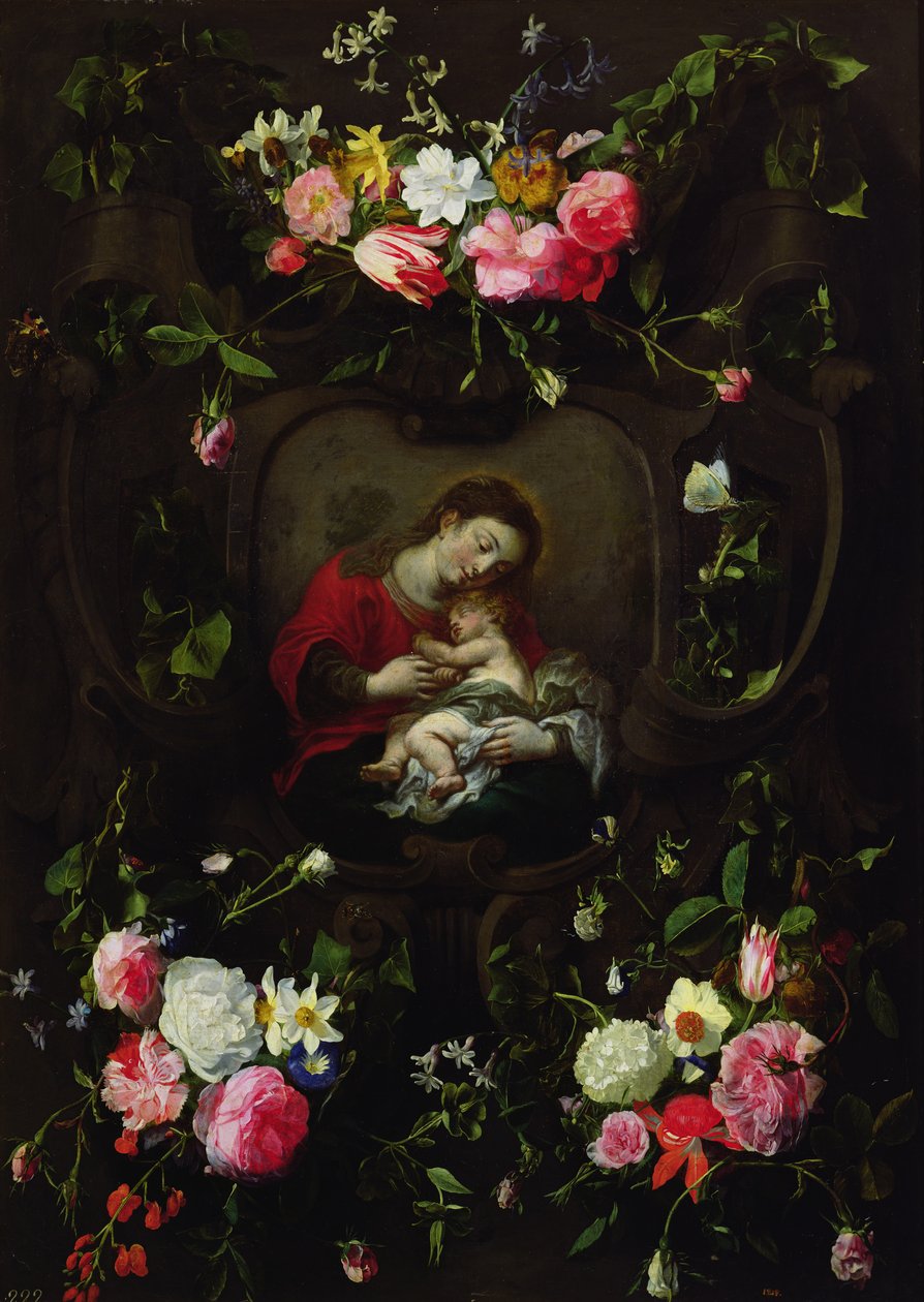 De Maagd en Kind in een Bloemenguirlande door Daniel Seghers