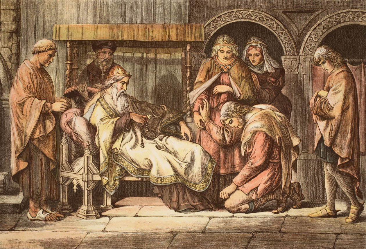 Harold, terugkerend uit Normandië, presenteert zich aan Edward de Belijder, gegraveerd door JD Cooper door Daniel Maclise