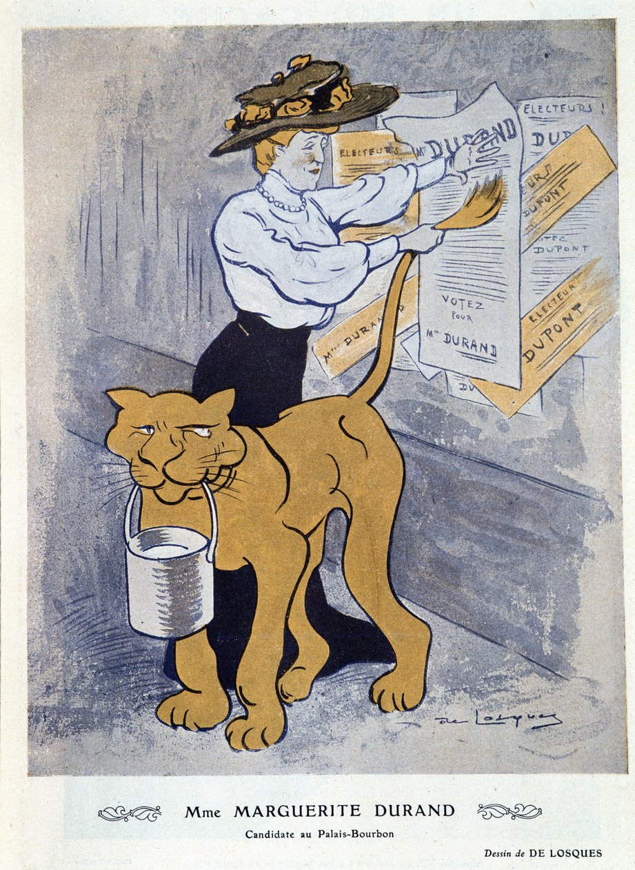 Marguerite Durand die haar verkiezingsposters plakt - door Daniel De Losques, in “Fantasio” van 01/04/1910 door Daniel de Losques