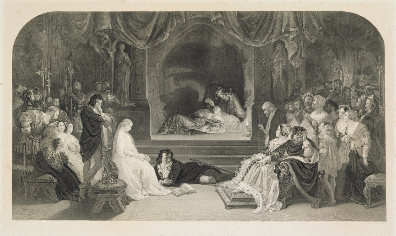 De toneelscène, Act III, Scène II van Hamlet door William Shakespeare door Daniel (after) Maclise
