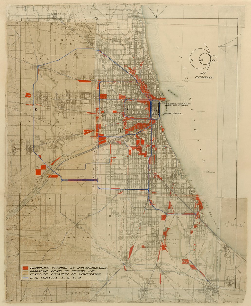 Plan van Chicago, Chicago, Illinois, Spoorcircuit Diagram, 1909 door Daniel Burnham