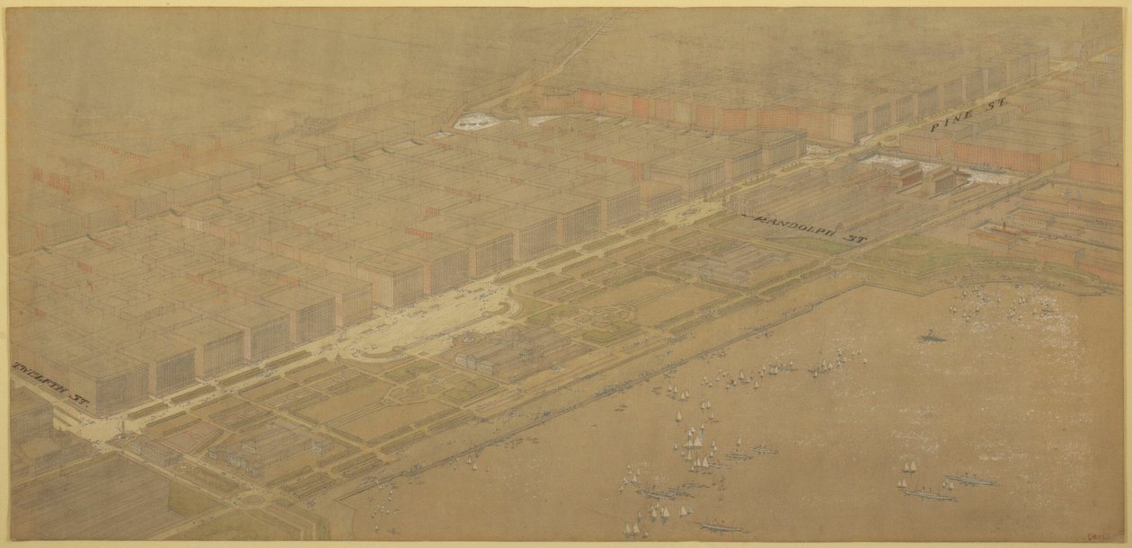 Plaat 114 uit Het Plan van Chicago, 1909: Chicago. Voorgestelde boulevard en parkweg op Michigan door Daniel Burnham