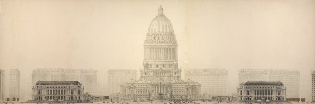 Plaat 131 uit Het Plan van Chicago: Chicago. Verhoging toont de groep gebouwen door Daniel Burnham