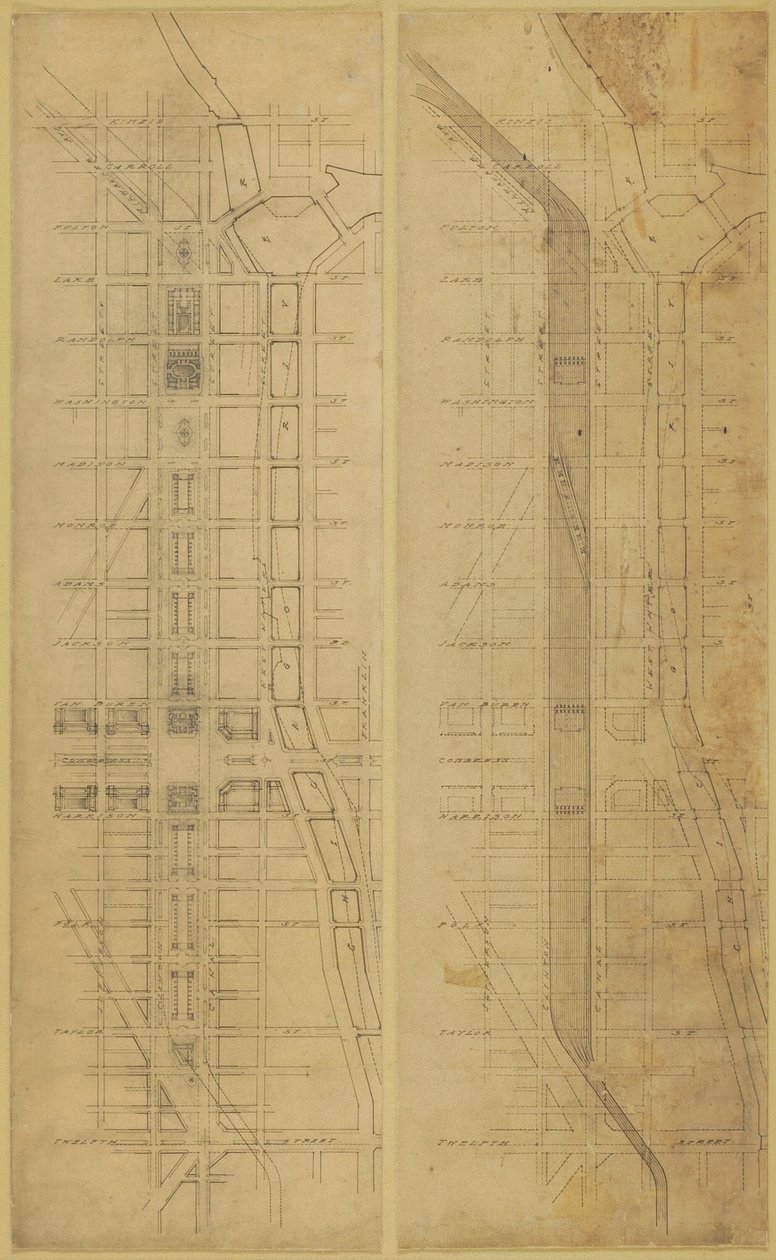 Plaat 78 2 tekeningen uit Het Plan van Chicago, 1909: Voorgestelde locatie en indeling van de... door Daniel Burnham