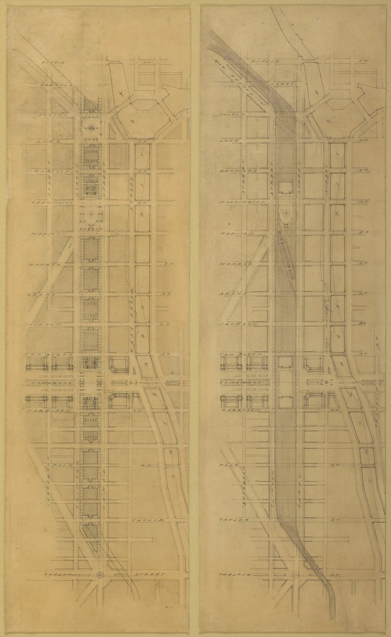 Plate 79 2 Tekeningen uit Het Plan van Chicago: Voorgestelde Locatie en Indeling door Daniel Burnham