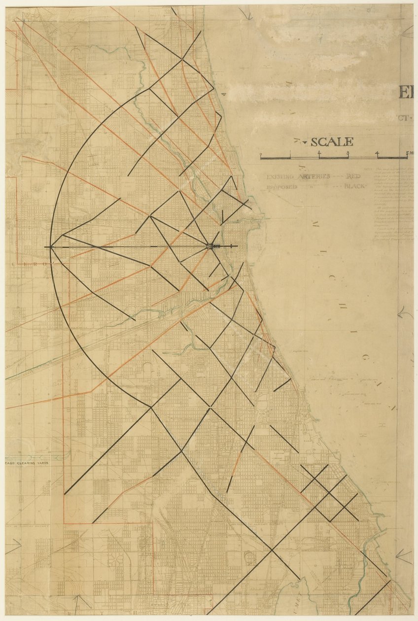Plate 91 uit The Plan of Chicago, Chicago, voorgestelde diagonale wegen door Daniel Burnham
