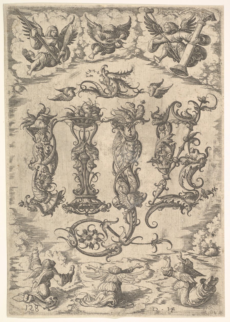 IHS-monogram omringd door zes engelen, ca. 1485-1536 door Daniel Hopfer
