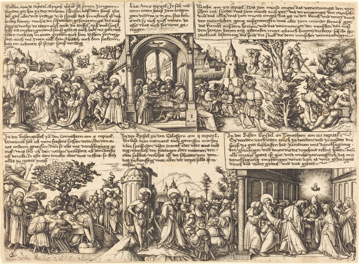 Jezus Christus geeft de missie aan de apostelen en andere scènes uit het Nieuwe Testament door Daniel Hopfer