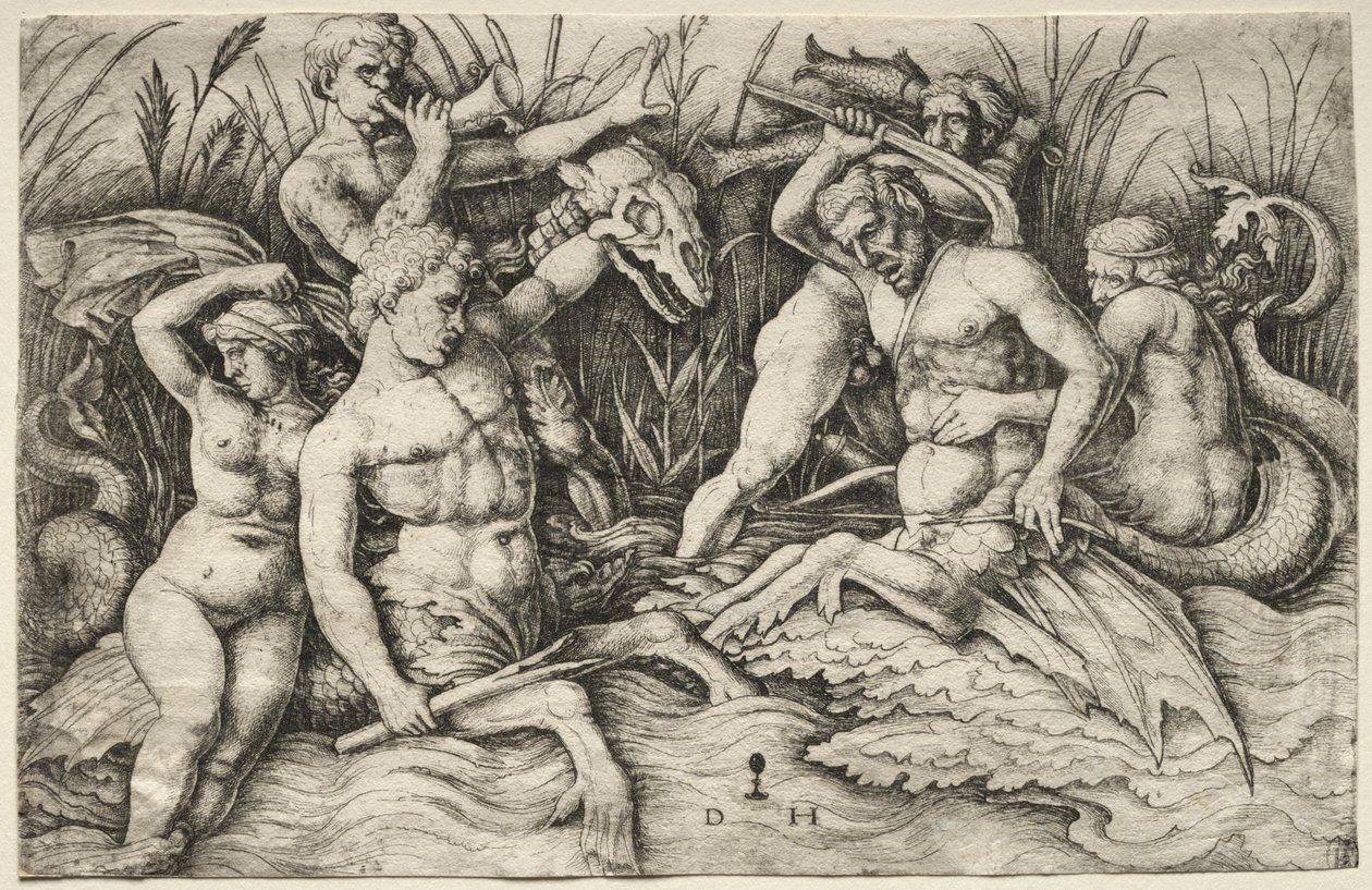 Twee Tritons vechten - Slag van de Zeegoden (detail) door Daniel Hopfer