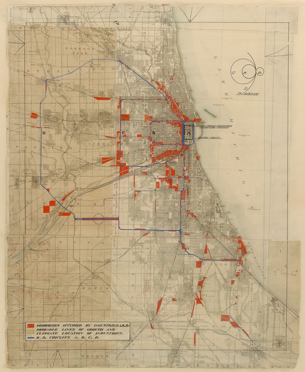 Plan van Chicago, Chicago, Illinois, Spoorcircuitdiagram door Daniel Hudson Burnham