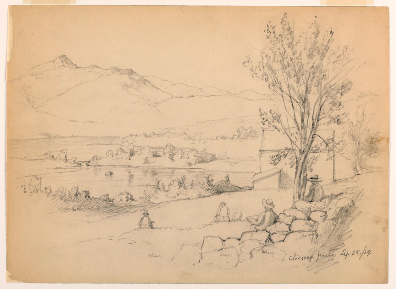 Tekening, Kunstenaars schetsen bij Chocorua Pond, New Hampshire, 28 september 1854 door Daniel Huntington