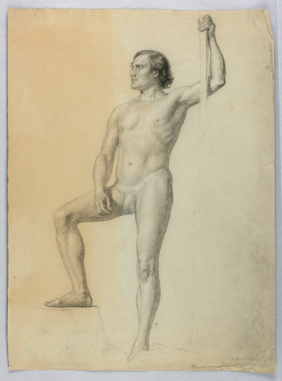 Tekening, Mannelijk naakt met een voet op een trede, 1858 door Daniel Huntington