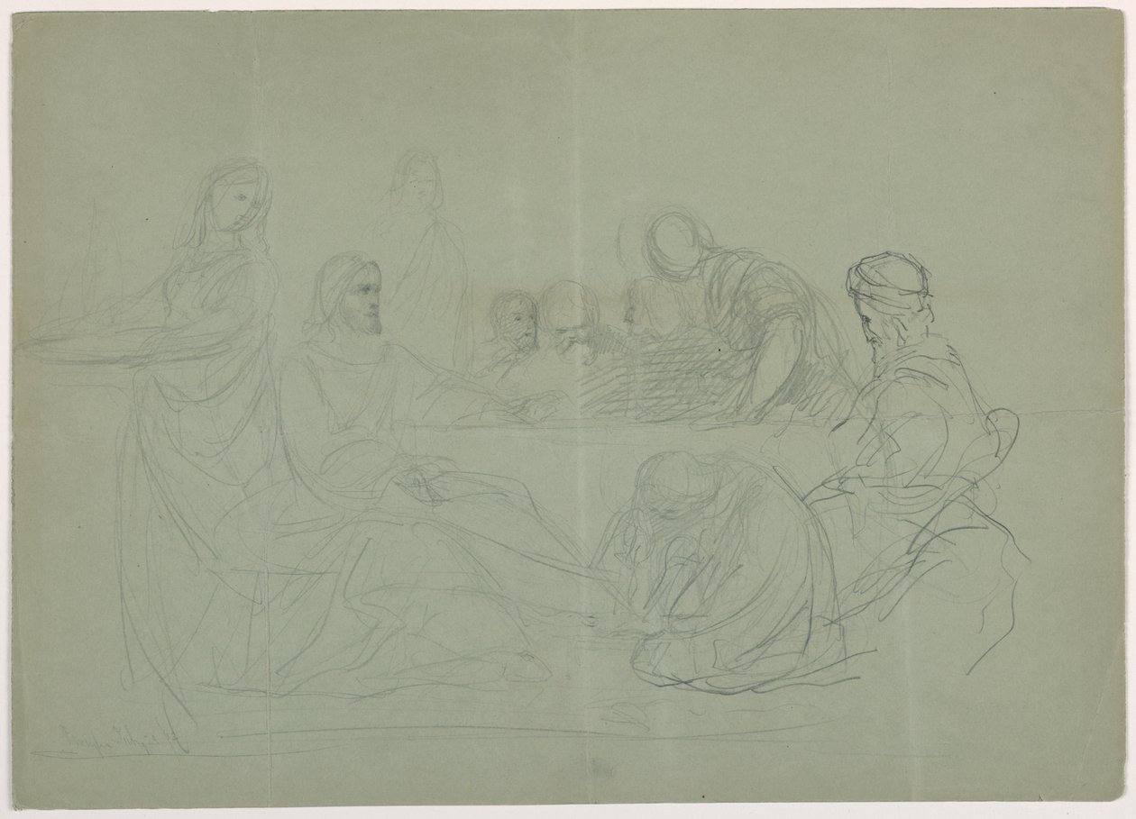 Tekening, Maria wast de voeten van Christus, verschillende mannen zitten aan een tafel; Verso: aantekeningen, 1852 door Daniel Huntington