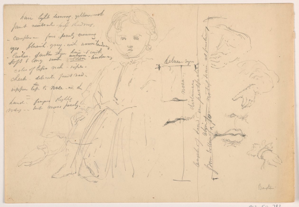 Tekening, Het kind Hugh Baxter staand, hand- en lipstudies, 1865 door Daniel Huntington