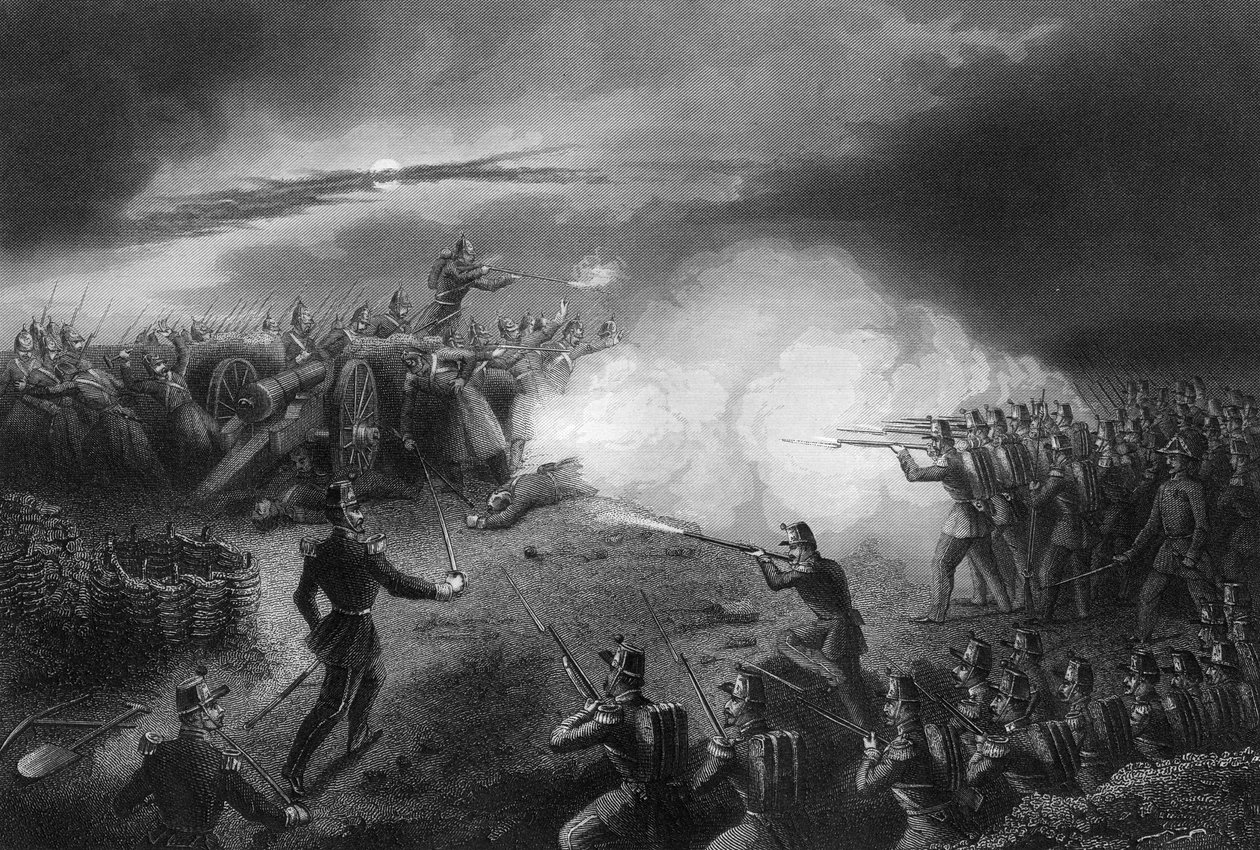 Aanval en afweer van de Russen, voor Sebastopol, Krimoorlog, 1857 door Daniel John Pound