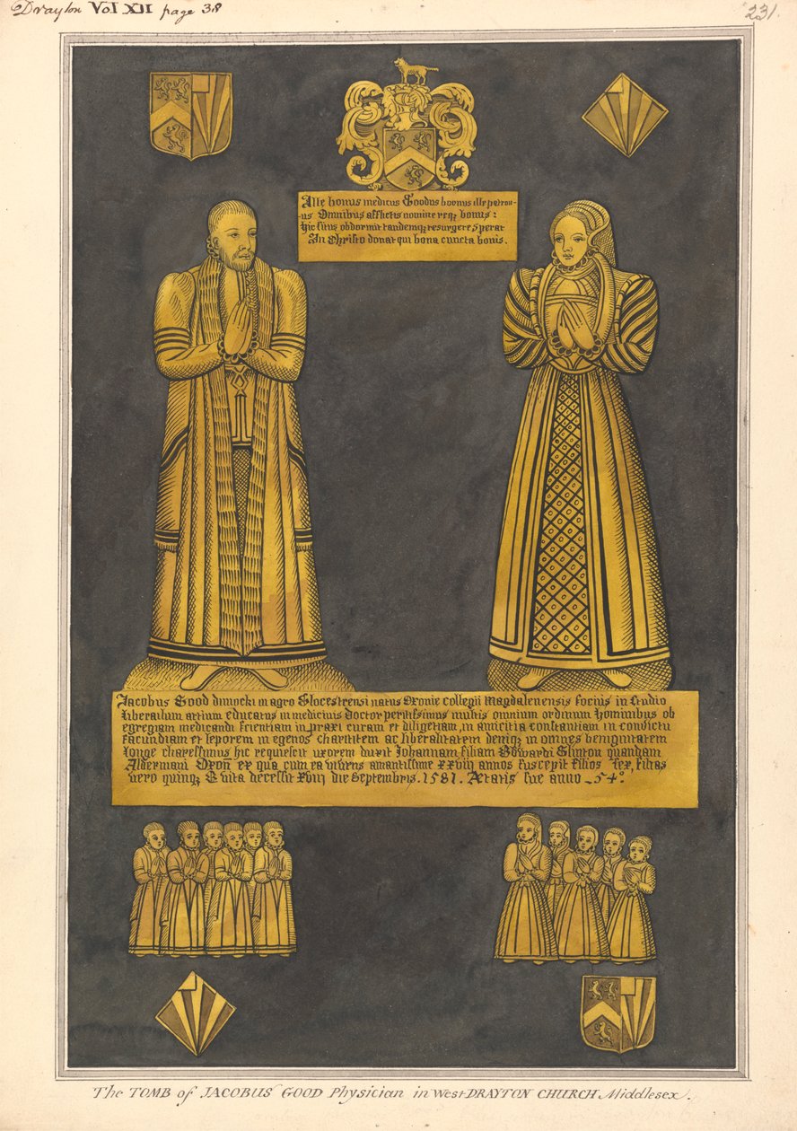 Messingplaat voor Dr. James Goode en zijn vrouw Joan, dochter van Edward Clinton, West Drayton Church door Daniel Lysons