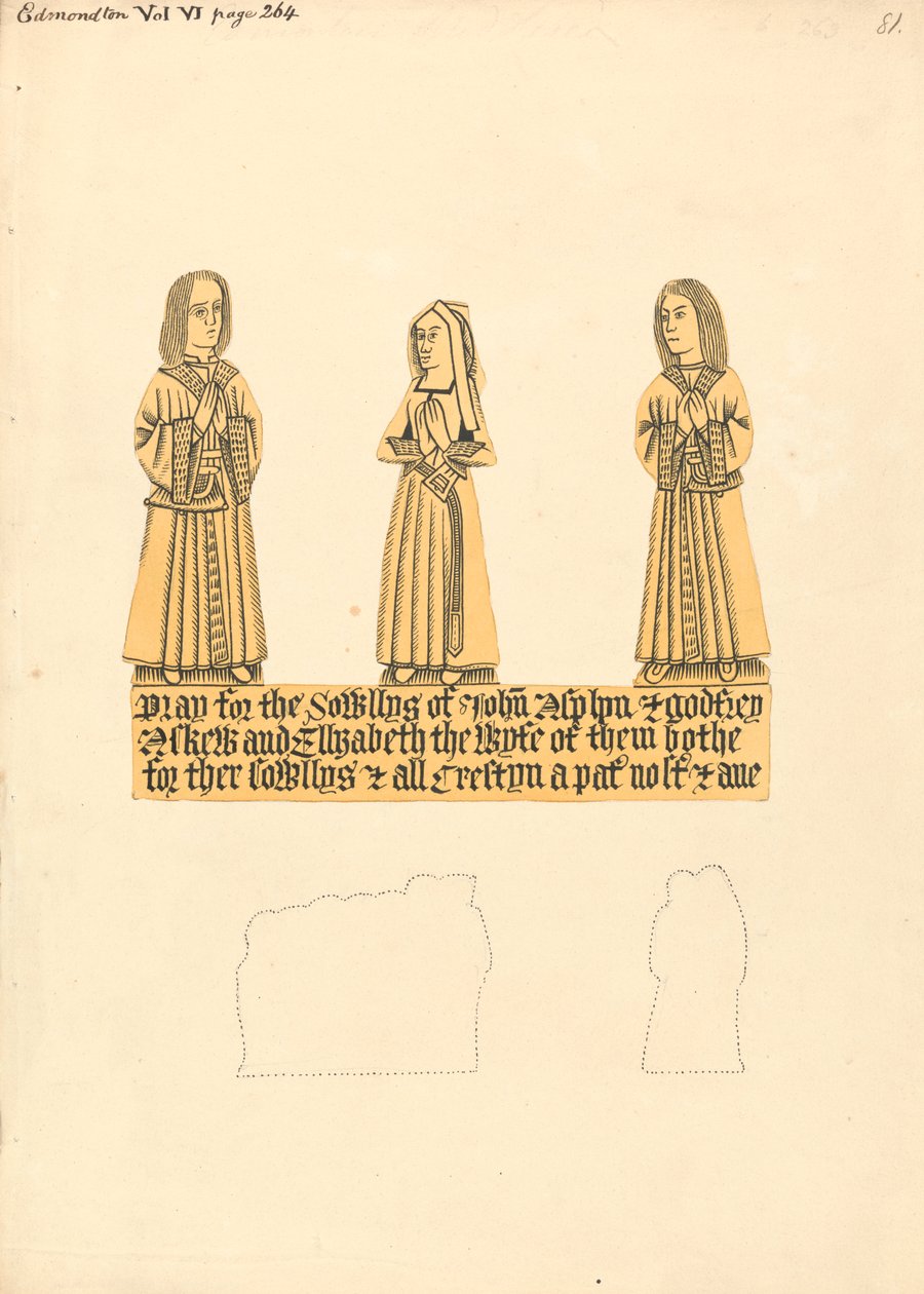 Koperen plaat voor John Asplyn, Godfrey Askew, en Elizabeth de vrouw van hen beiden, Edmonton Church door Daniel Lysons