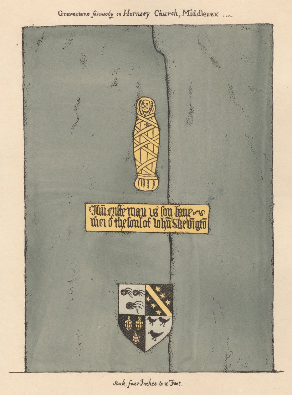 Koperen plaat voor John Skevington uit Hornsey Church door Daniel Lysons