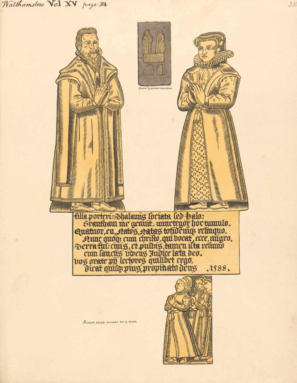 Koperen plaat voor mevrouw Hale, dochter van Porter, Walthamstow Church door Daniel Lysons