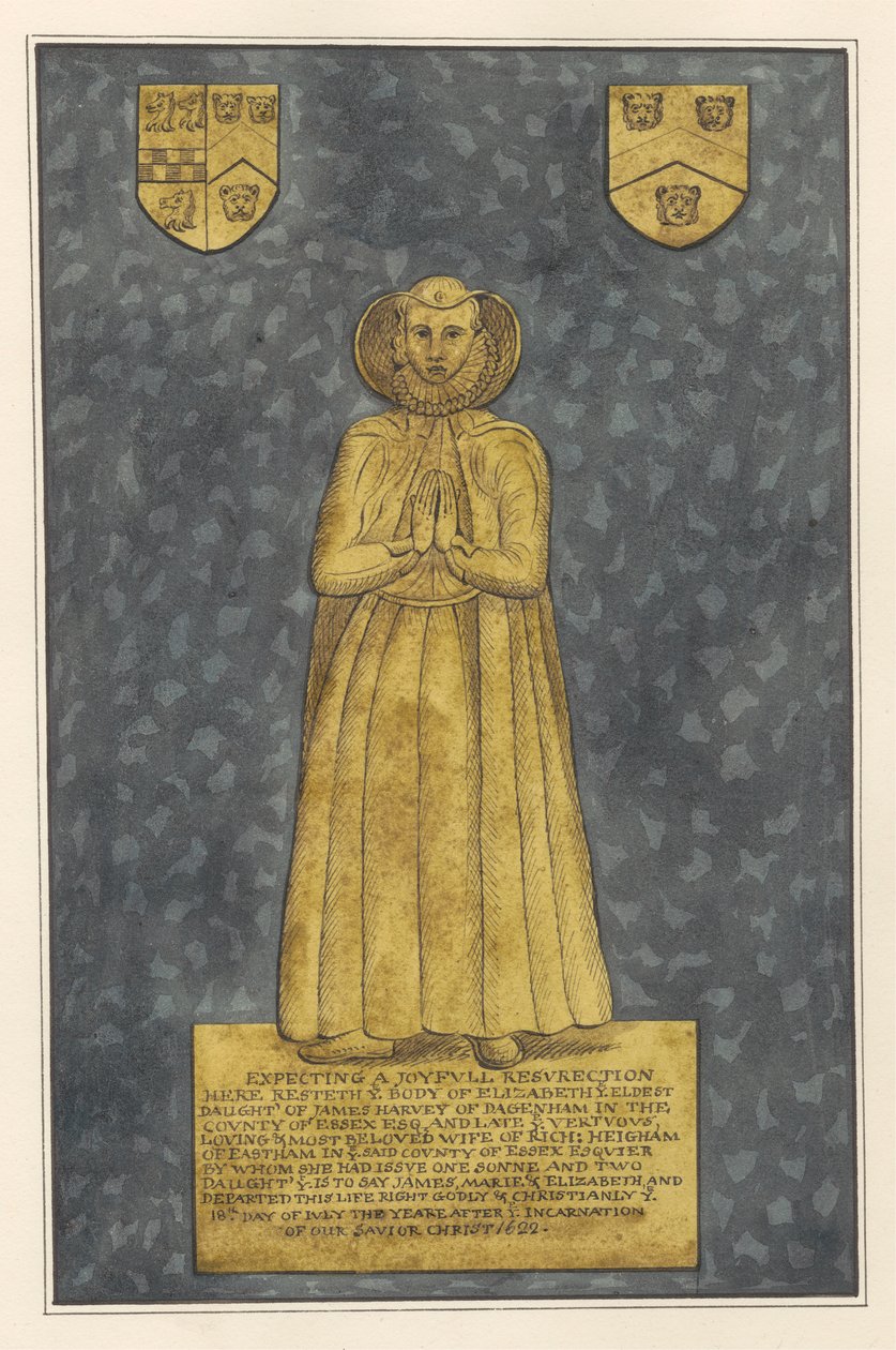 Koperen plaat voor Elizabeth Harvey van East Ham Church door Daniel Lysons