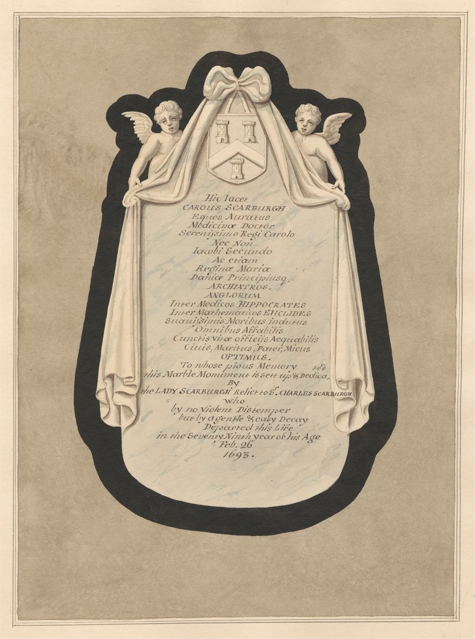 Gedenkteken voor Carous Scarburgh van Cranford Church door Daniel Lysons